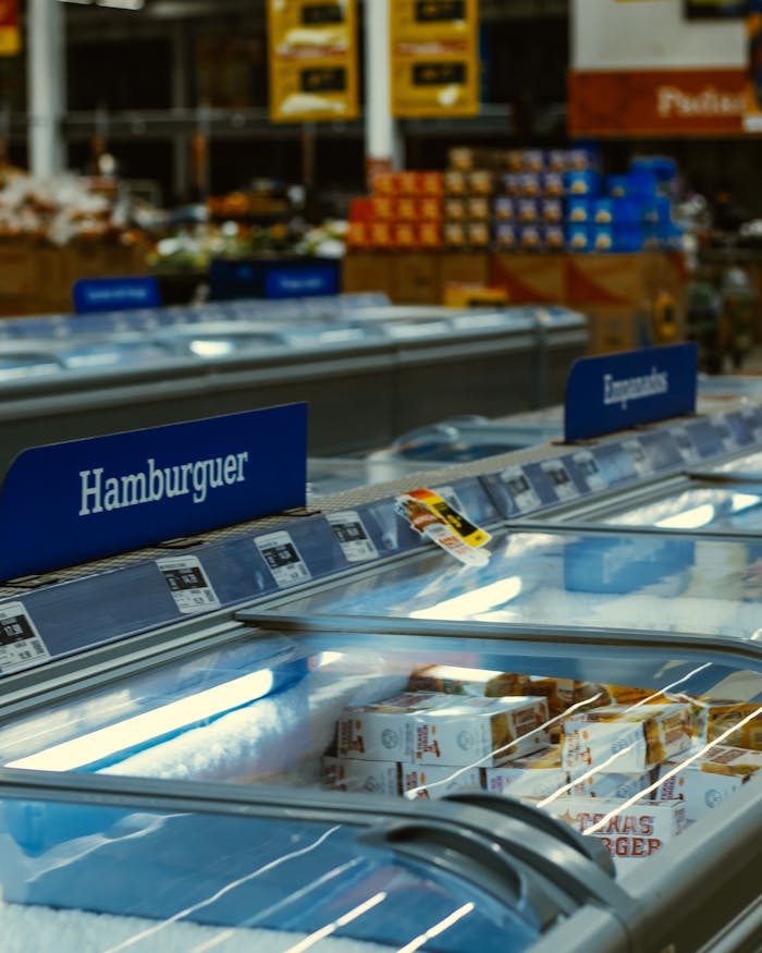about-03 Chilled aisle of a Brazilian supermarket with various frozen foods on display.